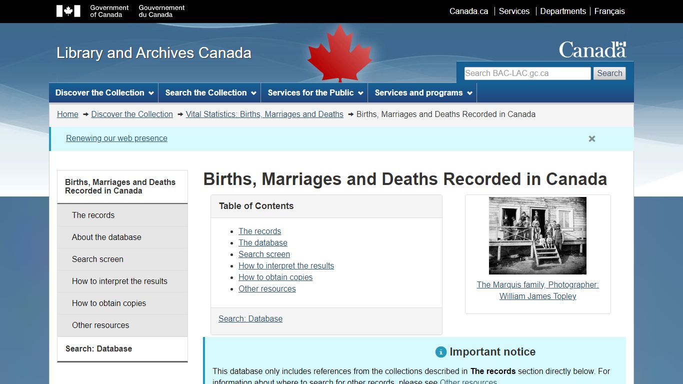 Births, Marriages and Deaths Recorded in Canada