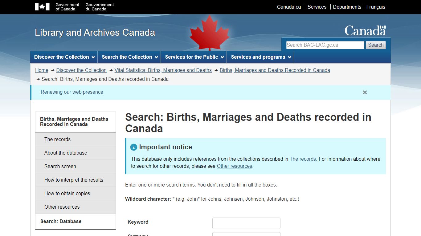 Search: Births, Marriages and Deaths recorded in Canada